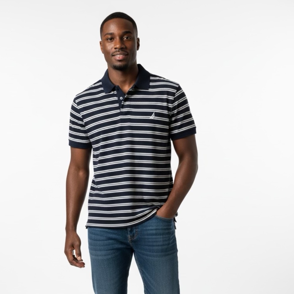 Nautica Men's Blue and White Striped Polo